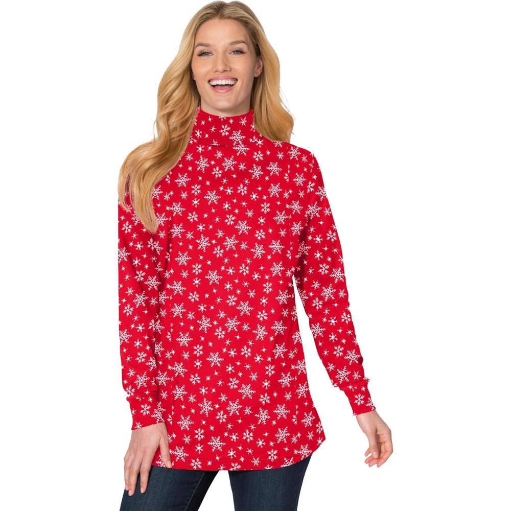 imageWoman Within Plus Size Perfect Printed LongSleeve Turtleneck TeeClassic Red Snowflakes