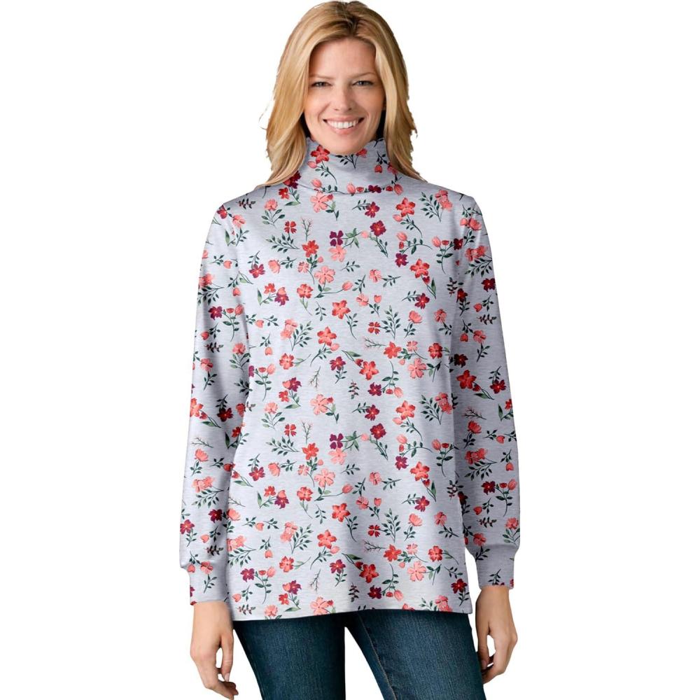 imageWoman Within Plus Size Perfect Printed LongSleeve Turtleneck TeeHeather Grey Red Pretty Floral