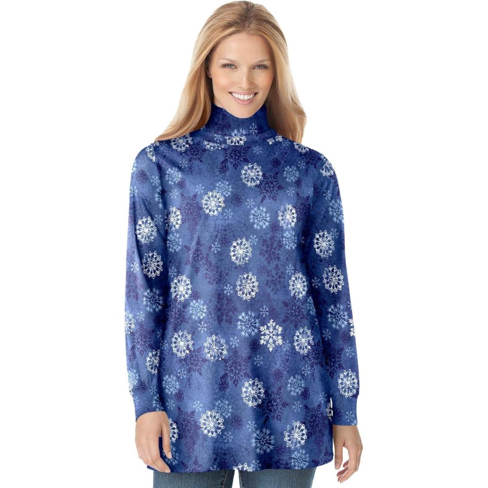imageWoman Within Plus Size Perfect Printed LongSleeve Turtleneck TeeRoyal Navy Textured Snowflake