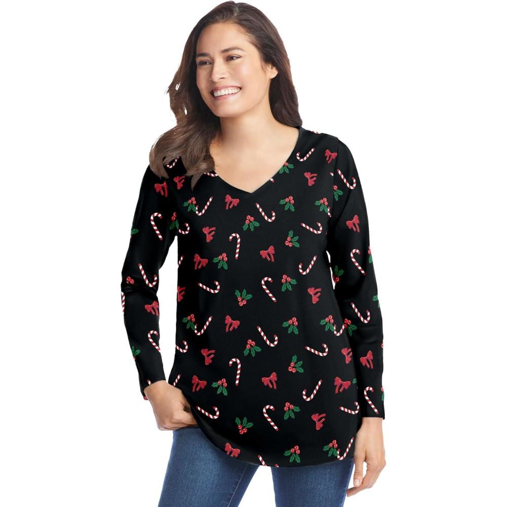 imageWoman Within Plus Size Perfect Printed LongSleeve VNeck TeeBlack Mistletoe