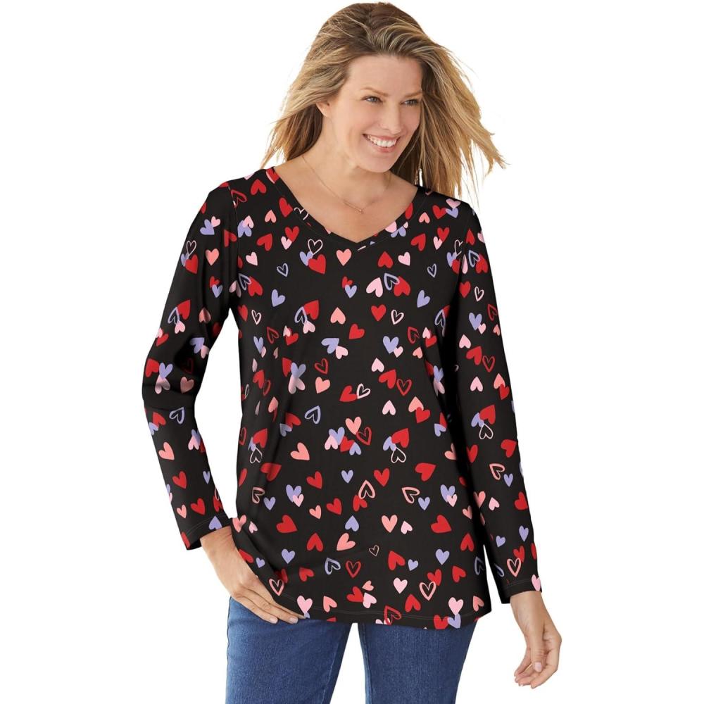 imageWoman Within Plus Size Perfect Printed LongSleeve VNeck TeeBlack Tossed Hearts
