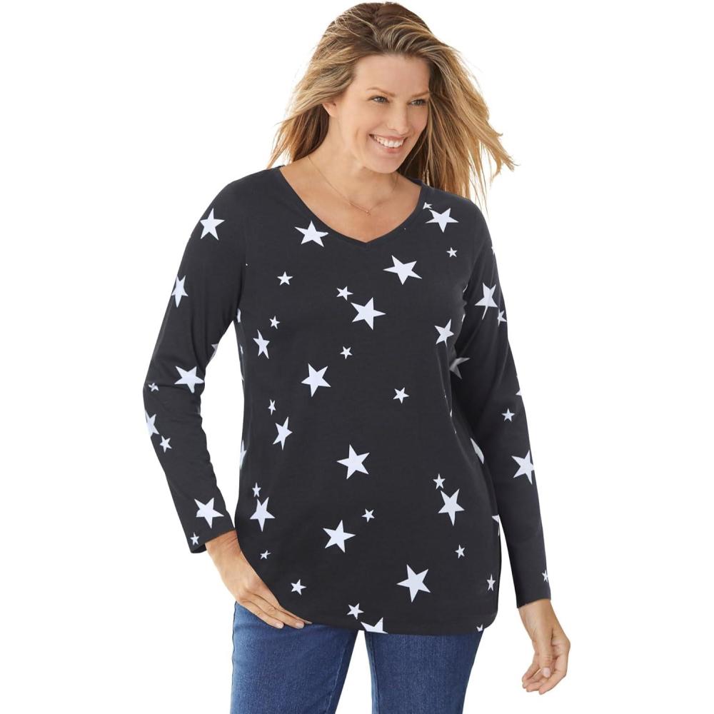 imageWoman Within Plus Size Perfect Printed LongSleeve VNeck TeeBlack White Stars