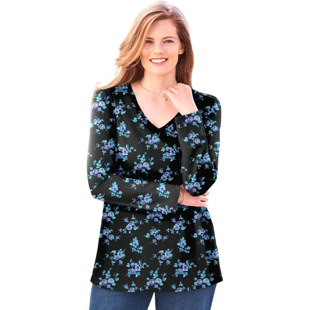 imageWoman Within Plus Size Perfect Printed LongSleeve VNeck TeeBlue Rose Ditsy Bouquet