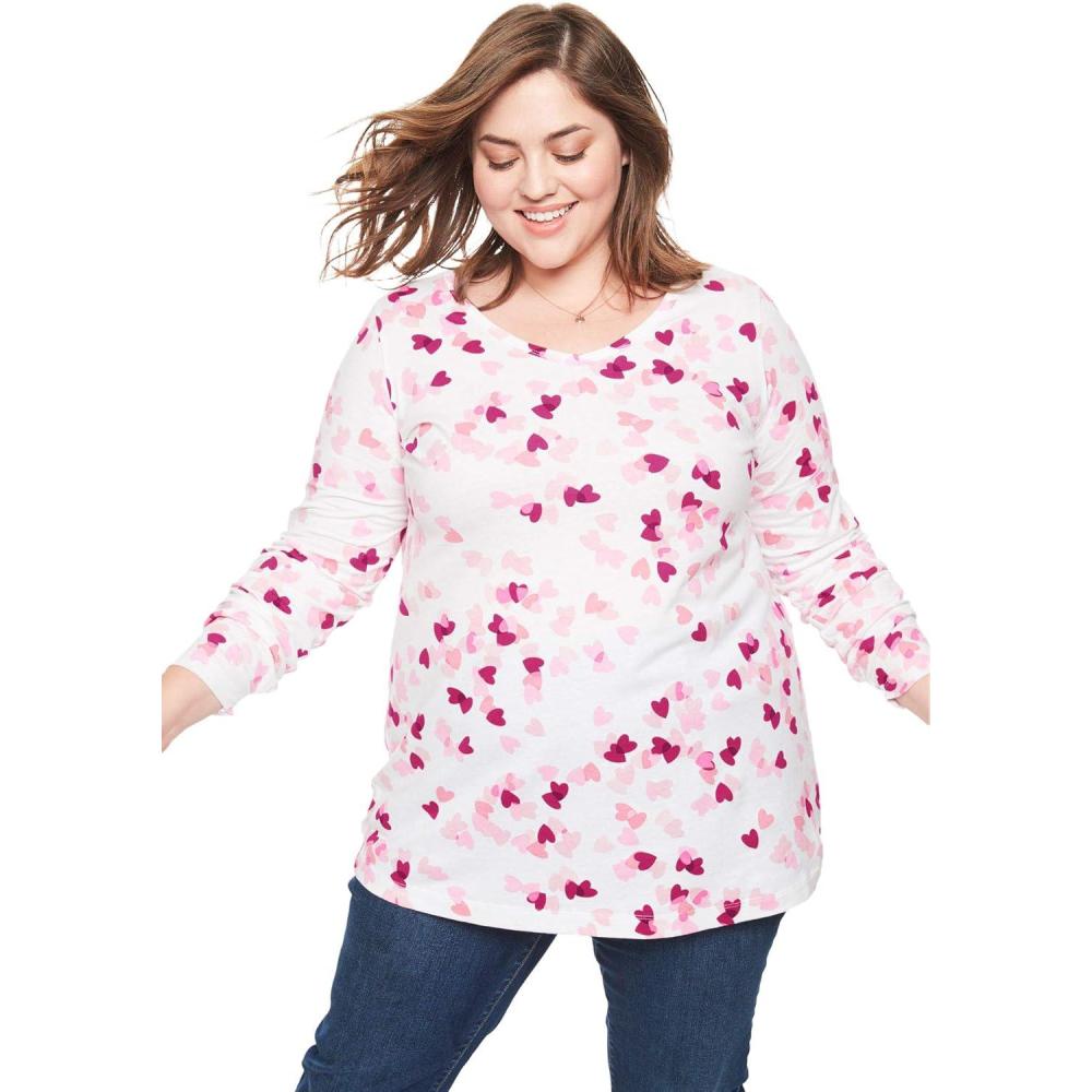 imageWoman Within Plus Size Perfect Printed LongSleeve VNeck TeeBright Berry Confetti Heart