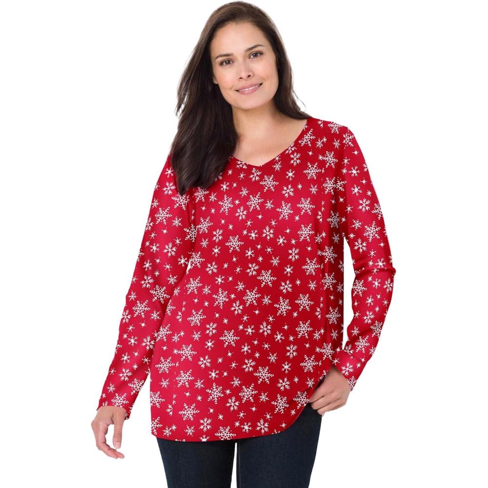 imageWoman Within Plus Size Perfect Printed LongSleeve VNeck TeeClassic Red Snowflakes