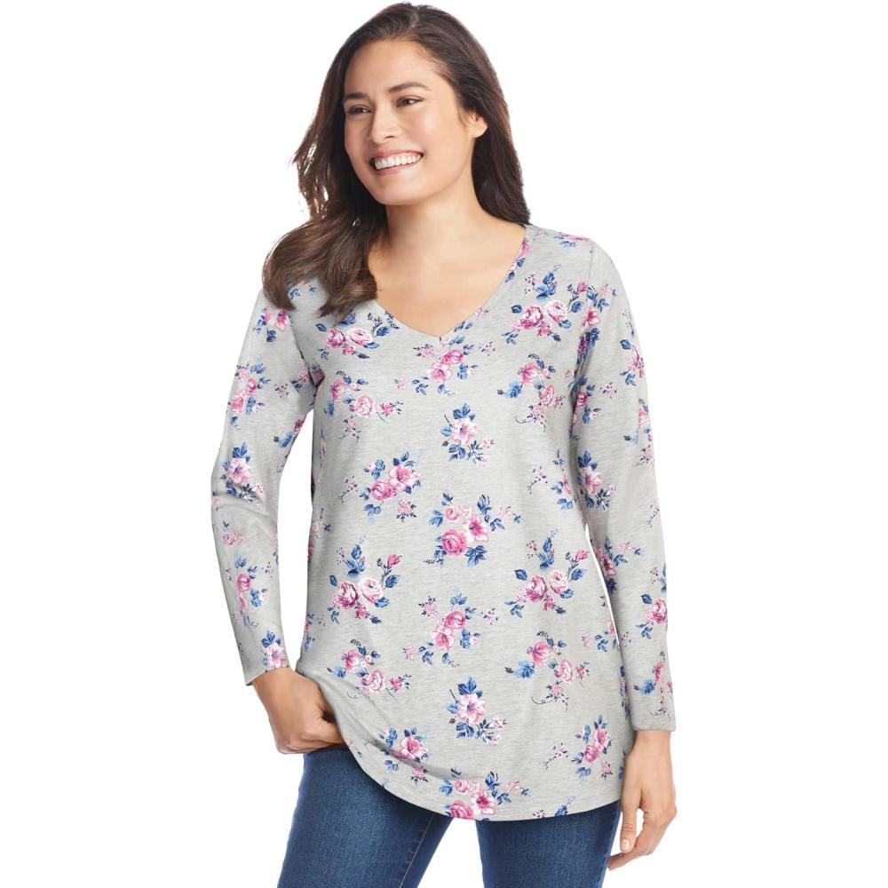 imageWoman Within Plus Size Perfect Printed LongSleeve VNeck TeeHeather Grey Ditsy Bouquet