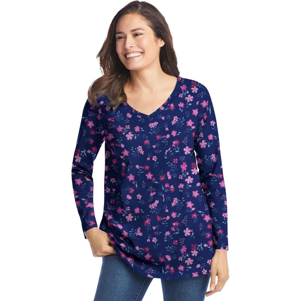 imageWoman Within Plus Size Perfect Printed LongSleeve VNeck TeeNavy Pretty Floral