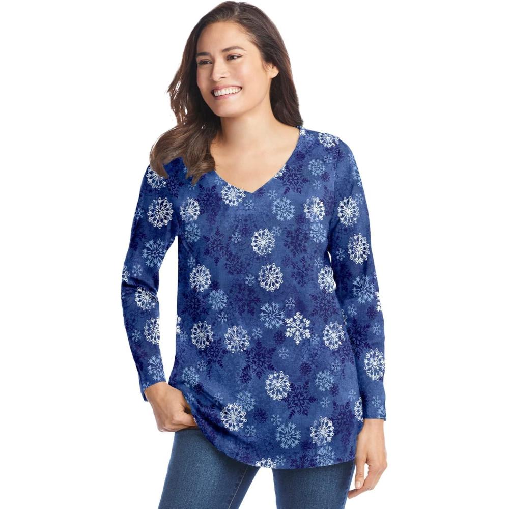imageWoman Within Plus Size Perfect Printed LongSleeve VNeck TeeRoyal Navy Textured Snowflake
