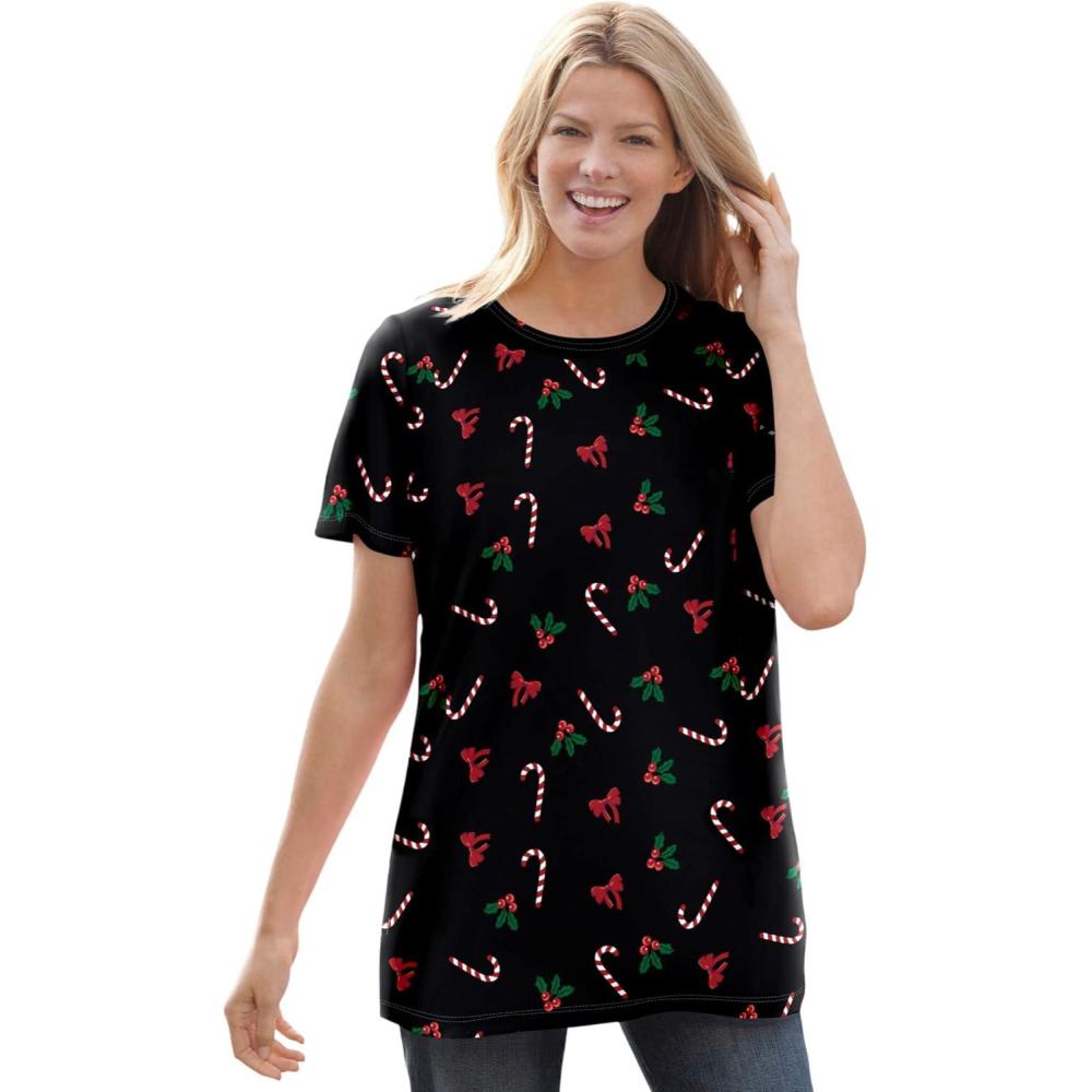 imageWoman Within Plus Size Perfect Printed ShortSleeve Crewneck TeeBlack Mistletoe