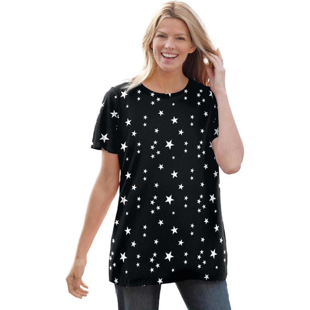 imageWoman Within Plus Size Perfect Printed ShortSleeve Crewneck TeeBlack White Stars