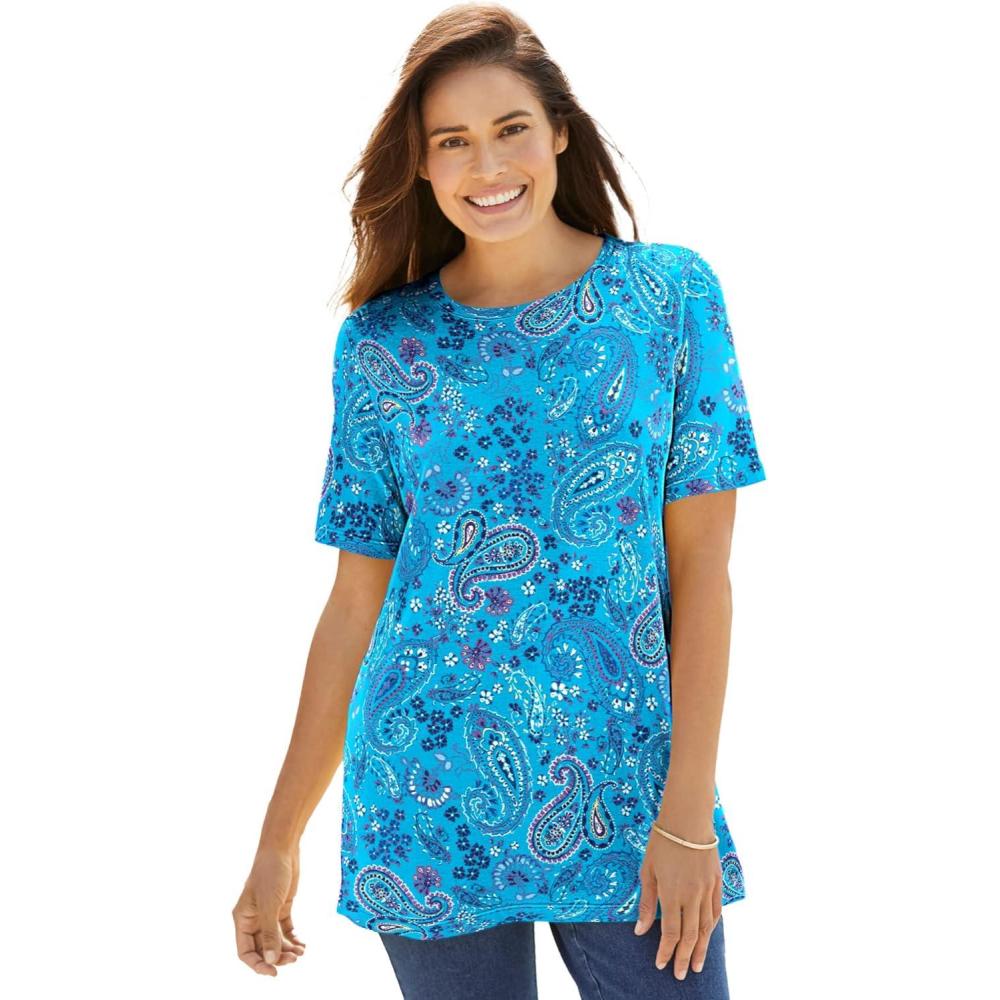 imageWoman Within Plus Size Perfect Printed ShortSleeve Crewneck TeePretty Turquoise Paisley