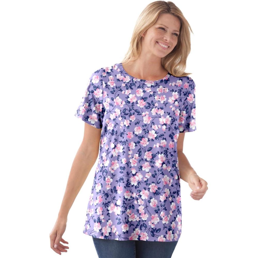 imageWoman Within Plus Size Perfect Printed ShortSleeve Crewneck TeeSoft Iris Blossom Vine