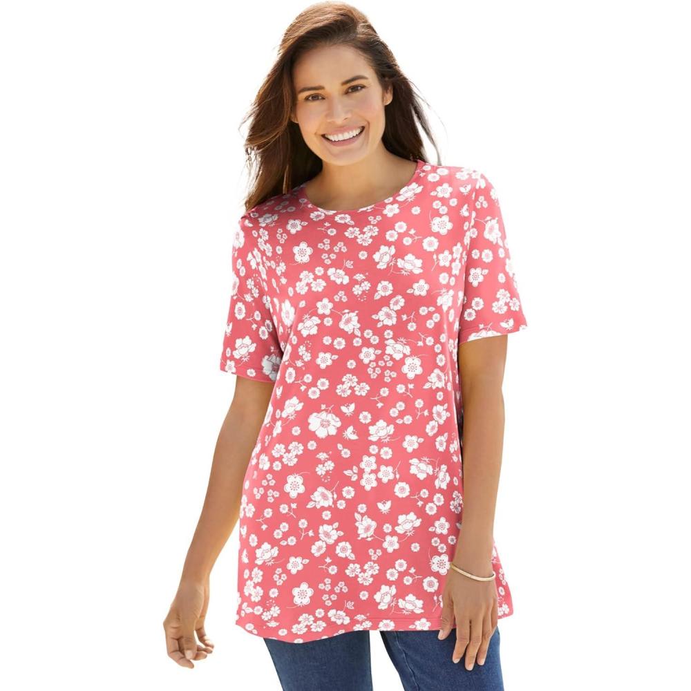 imageWoman Within Plus Size Perfect Printed ShortSleeve Crewneck TeeSweet Coral Butterfly Ditsy