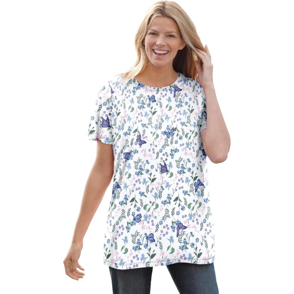imageWoman Within Plus Size Perfect Printed ShortSleeve Crewneck TeeWhite Butterflies