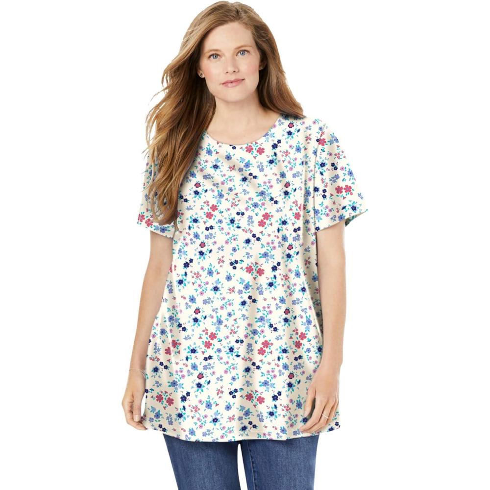 imageWoman Within Plus Size Perfect Printed ShortSleeve Crewneck TeeWhite Lovely Ditsy
