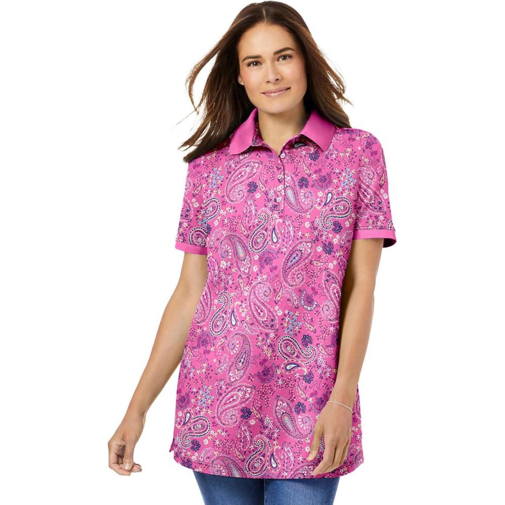 imageWoman Within Plus Size Perfect Printed ShortSleeve Polo ShirtPeony Petal Paisley