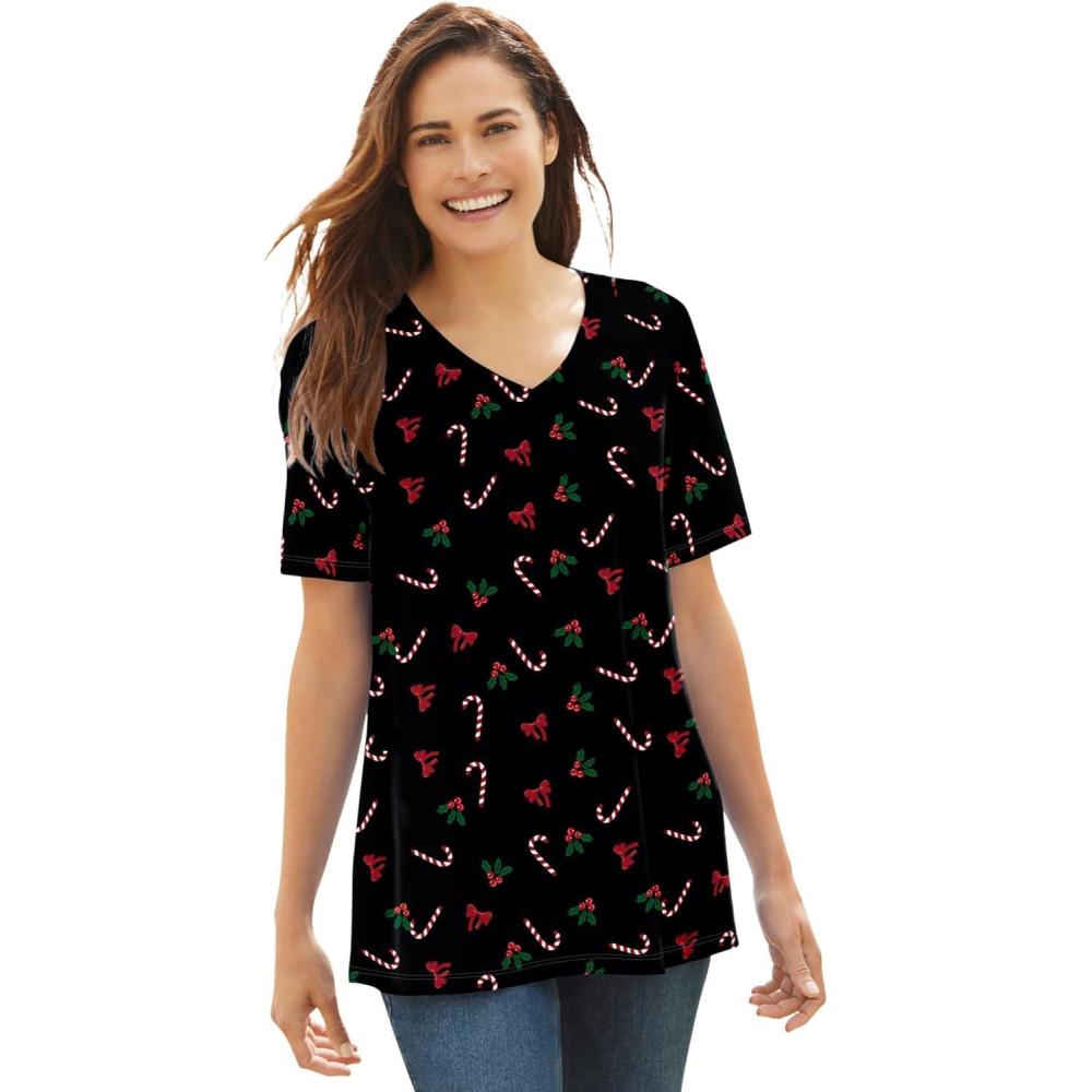 imageWoman Within Plus Size Perfect Printed ShortSleeve VNeck TeeBlack Mistletoe
