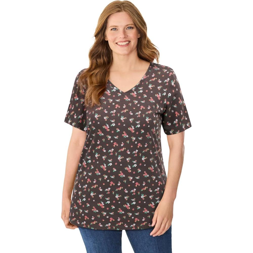 imageWoman Within Plus Size Perfect Printed ShortSleeve VNeck TeeChocolate Jasmine