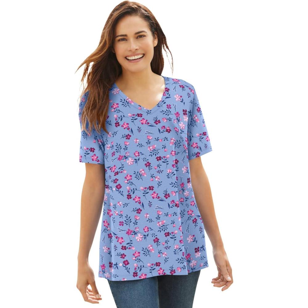 imageWoman Within Plus Size Perfect Printed ShortSleeve VNeck TeeFrench Blue Pretty Floral
