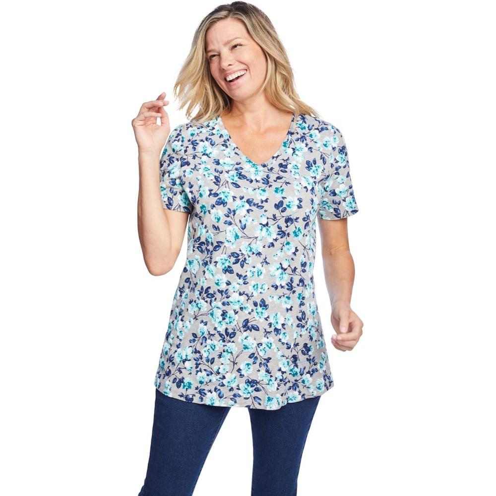 imageWoman Within Plus Size Perfect Printed ShortSleeve VNeck TeeHeather Grey Azure Blossom Vine