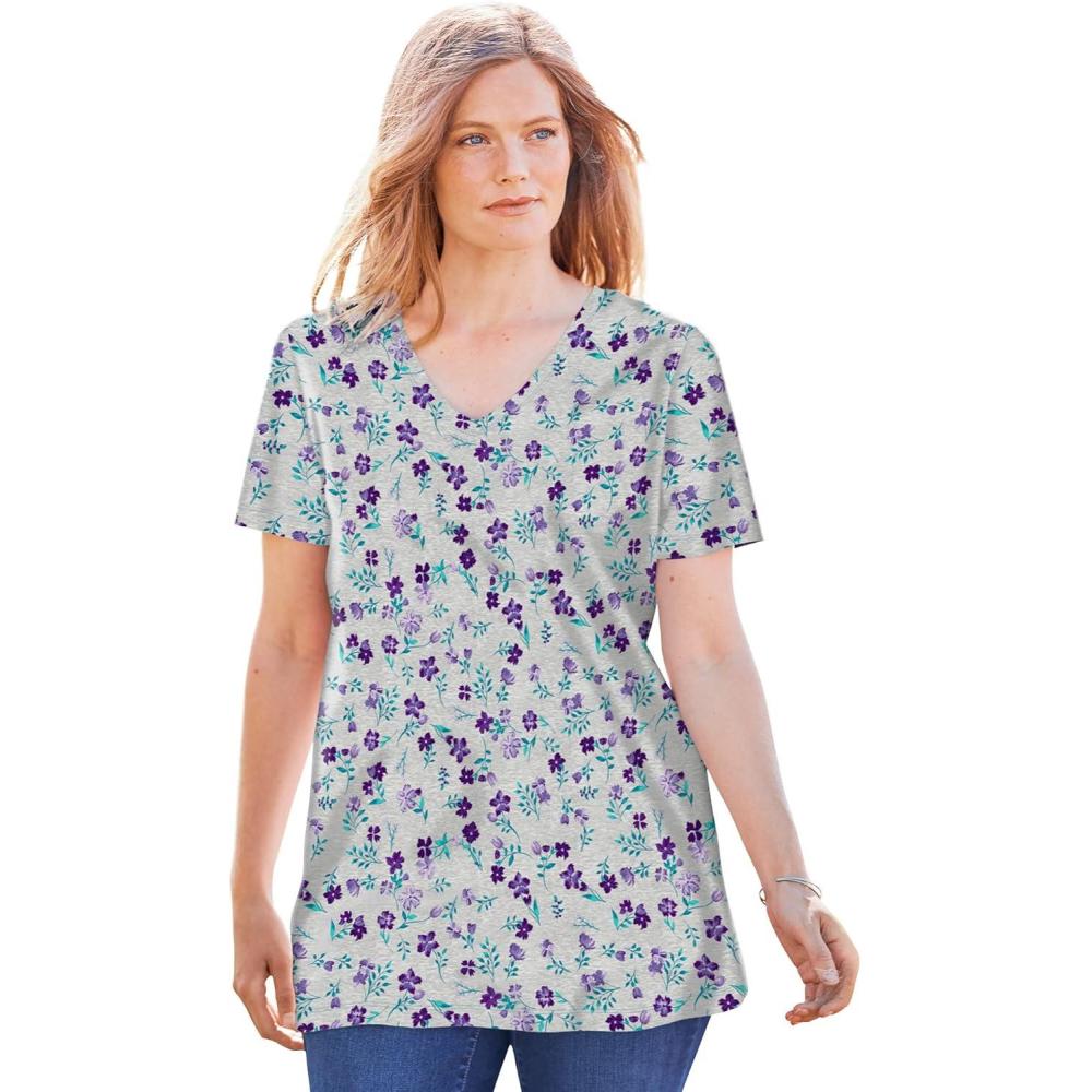 imageWoman Within Plus Size Perfect Printed ShortSleeve VNeck TeeHeather Grey Pretty Floral