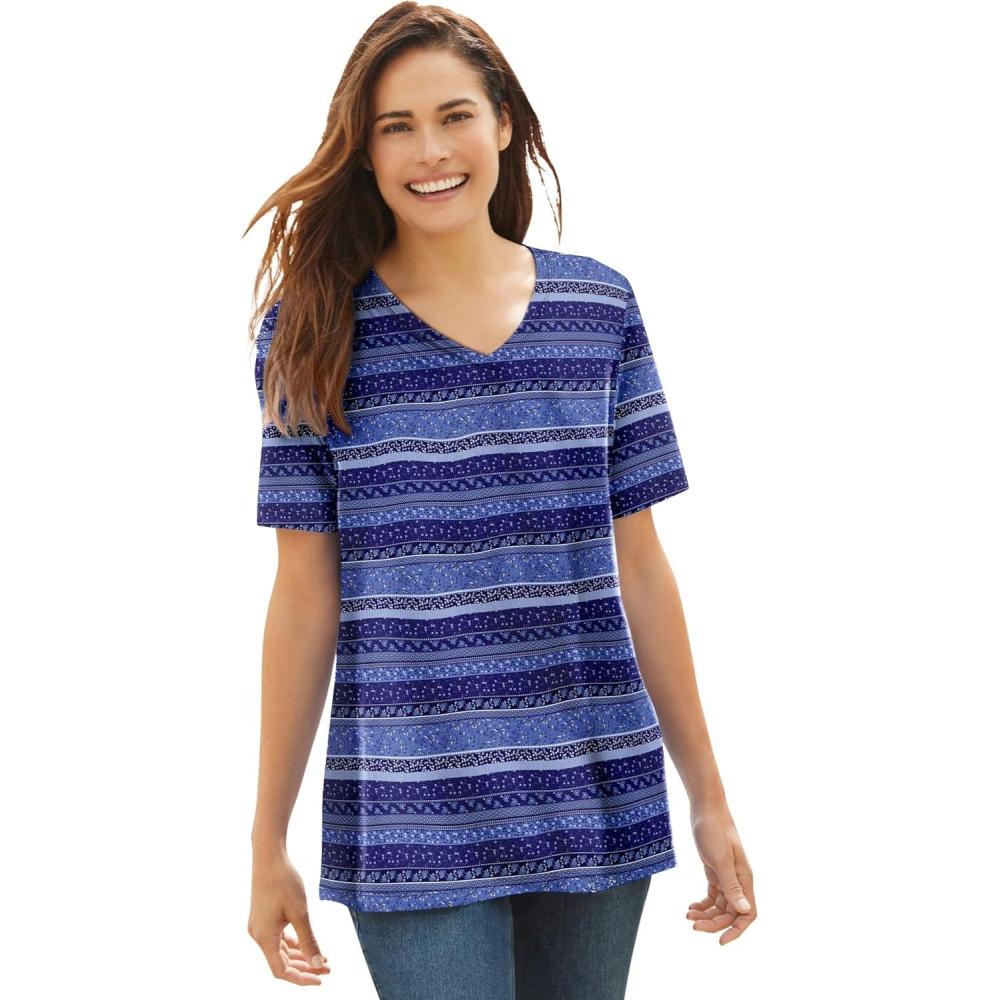 imageWoman Within Plus Size Perfect Printed ShortSleeve VNeck TeeNavy Patchwork Stripe