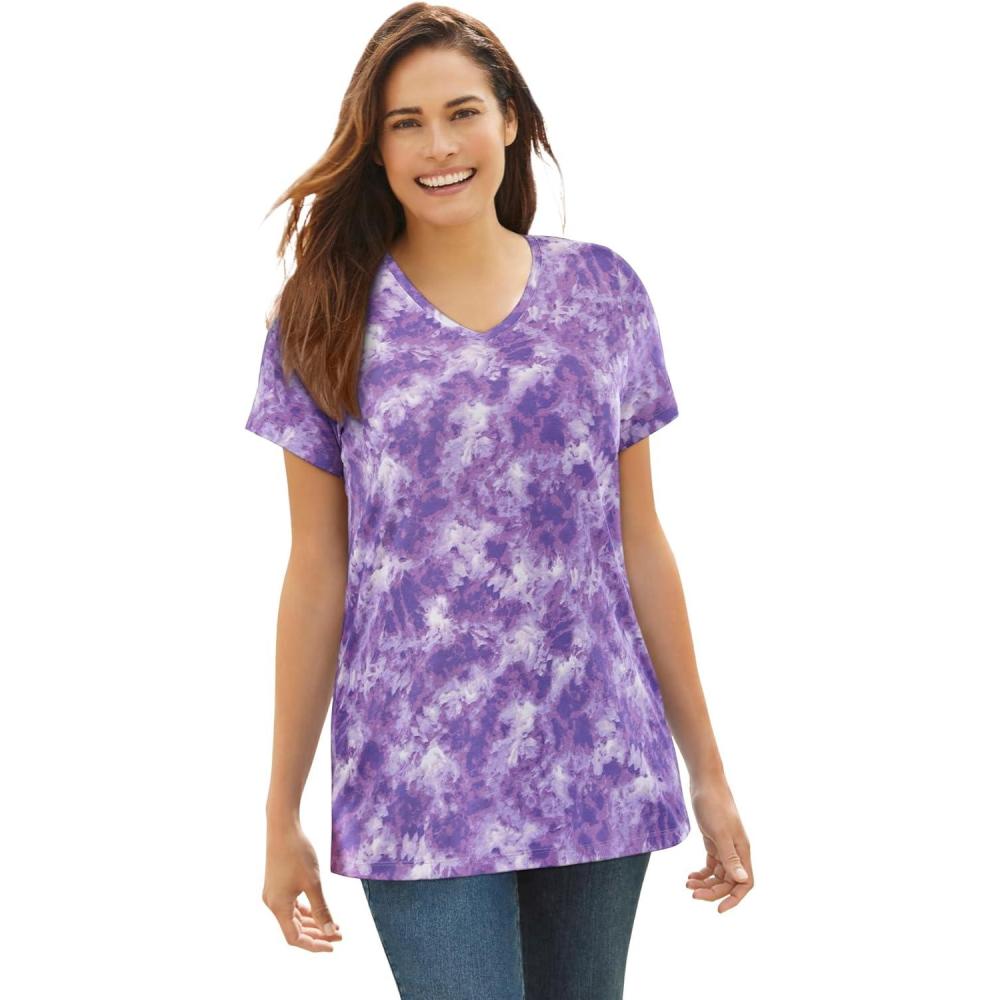 imageWoman Within Plus Size Perfect Printed ShortSleeve VNeck TeePetal Purple Tie Dye