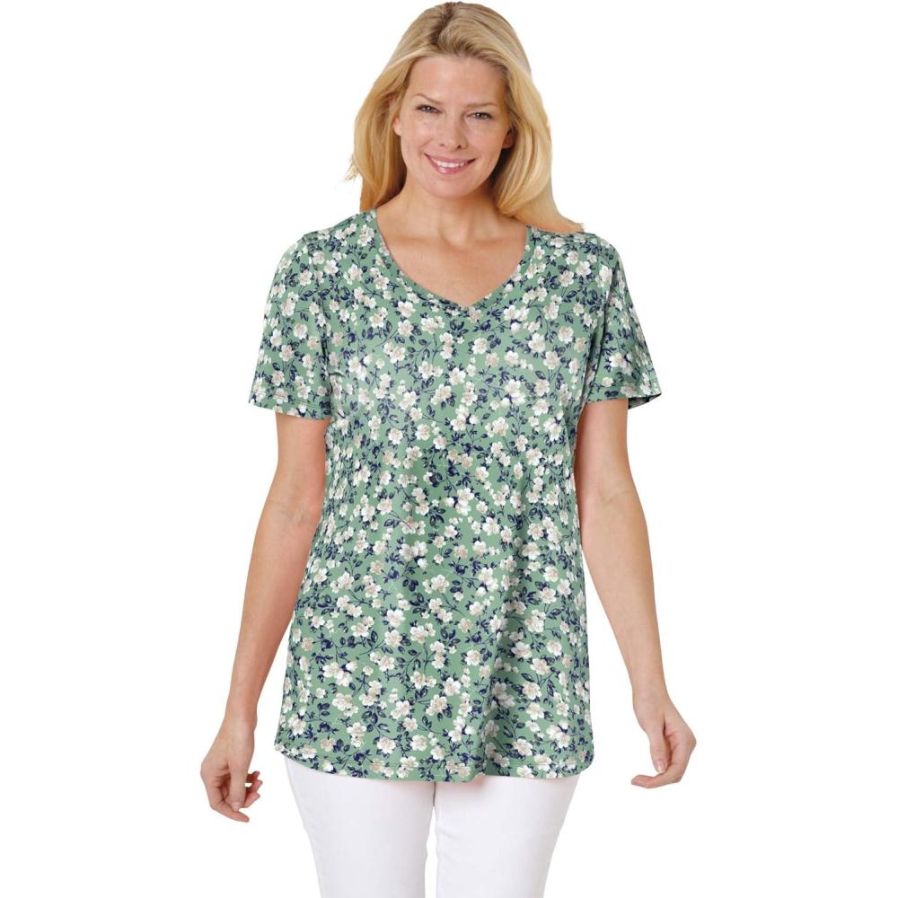 imageWoman Within Plus Size Perfect Printed ShortSleeve VNeck TeeSage Blossom Vine