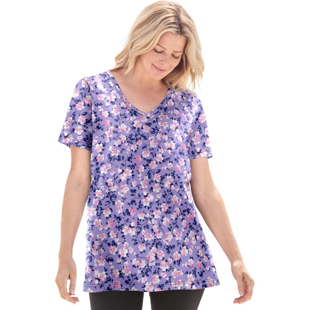 imageWoman Within Plus Size Perfect Printed ShortSleeve VNeck TeeSoft Iris Blossom Vine