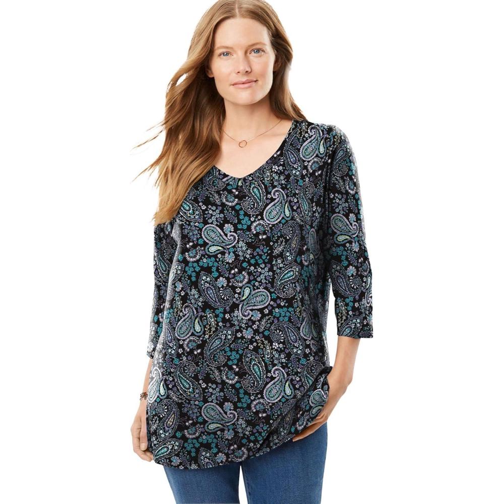 imageWoman Within Plus Size Perfect Printed ThreeQuarter Sleeve VNeck TeeBlack Paisley