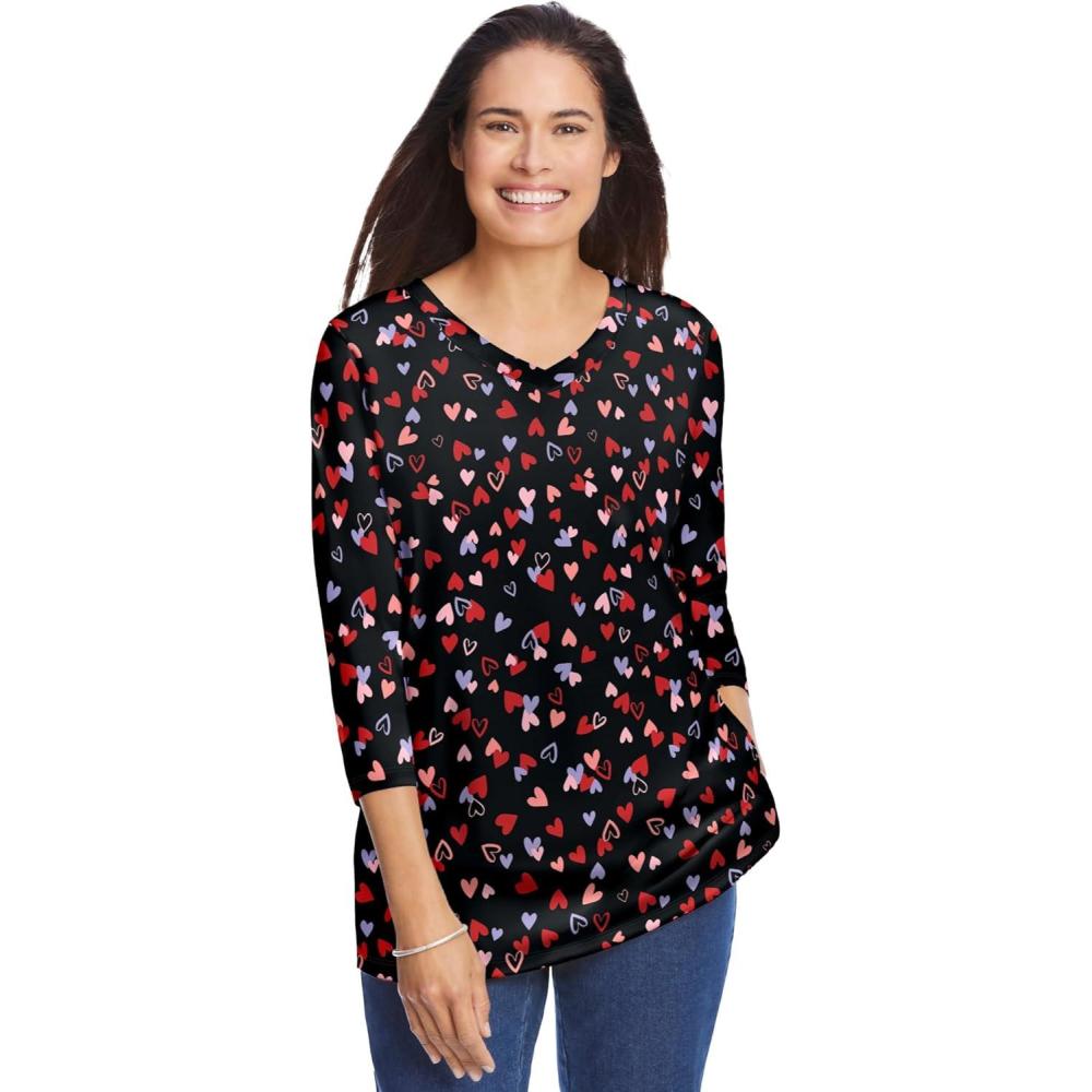 imageWoman Within Plus Size Perfect Printed ThreeQuarter Sleeve VNeck TeeBlack Tossed Hearts