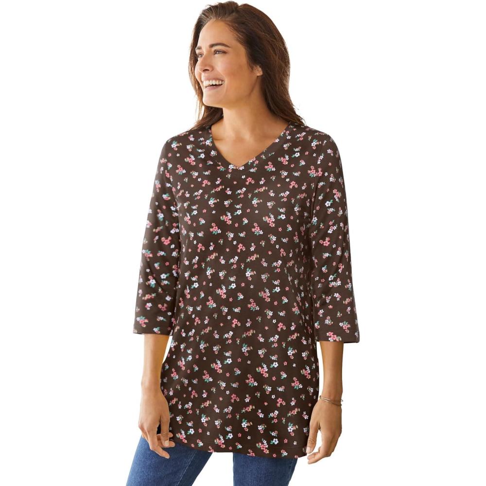 imageWoman Within Plus Size Perfect Printed ThreeQuarter Sleeve VNeck TeeChocolate Jasmine
