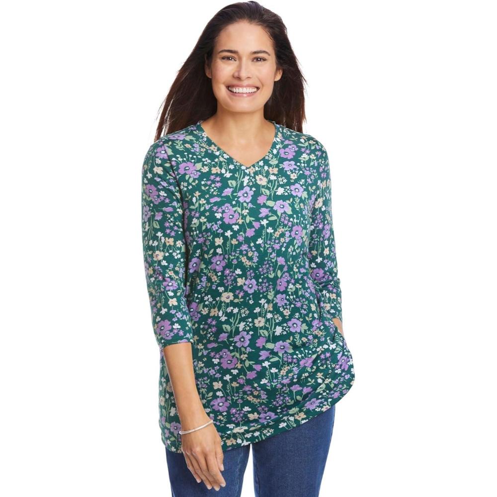imageWoman Within Plus Size Perfect Printed ThreeQuarter Sleeve VNeck TeeEmerald Green Field Floral