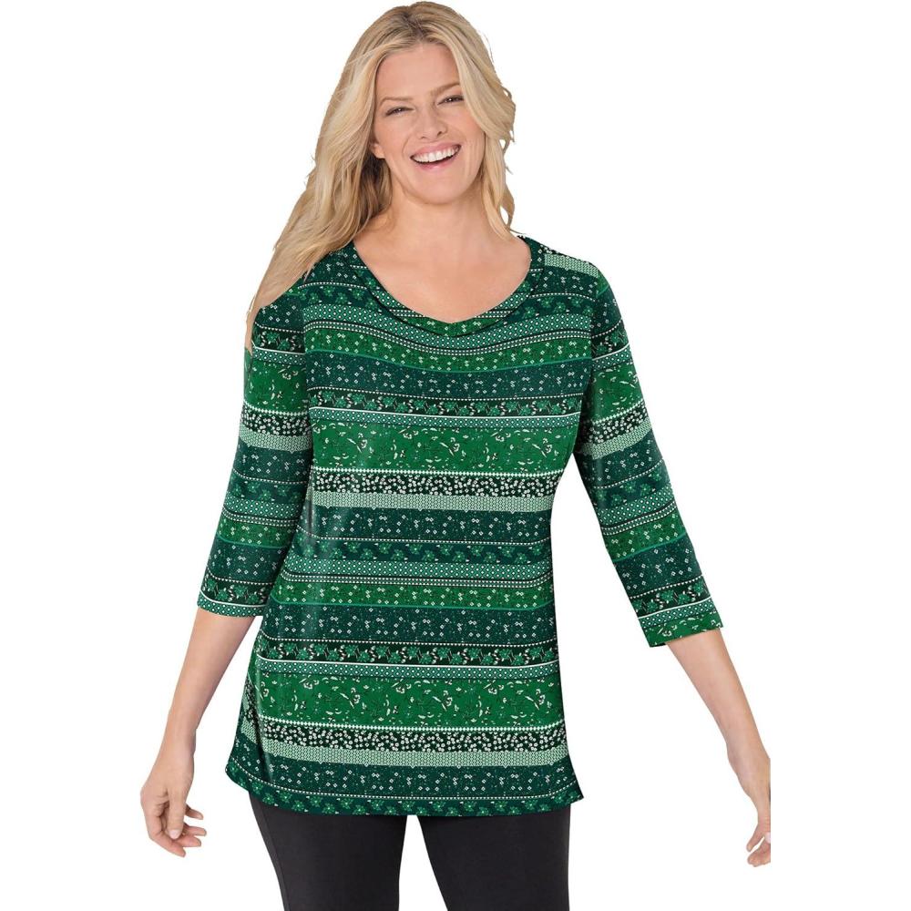 imageWoman Within Plus Size Perfect Printed ThreeQuarter Sleeve VNeck TeeEmerald Green Patchwork Stripe