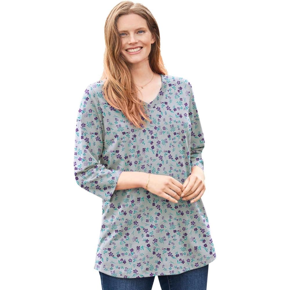 imageWoman Within Plus Size Perfect Printed ThreeQuarter Sleeve VNeck TeeHeather Grey Pretty Floral