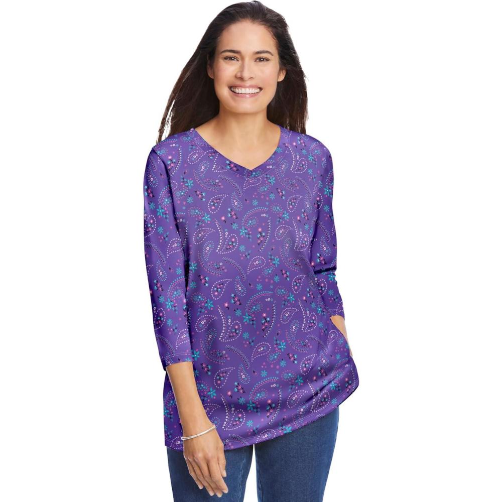imageWoman Within Plus Size Perfect Printed ThreeQuarter Sleeve VNeck TeePetal Purple Floral Paisley
