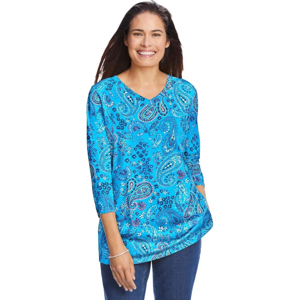 imageWoman Within Plus Size Perfect Printed ThreeQuarter Sleeve VNeck TeePretty Turquoise Paisley
