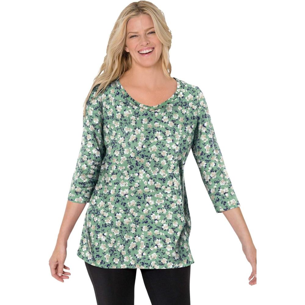 imageWoman Within Plus Size Perfect Printed ThreeQuarter Sleeve VNeck TeeSage Blossom Vine