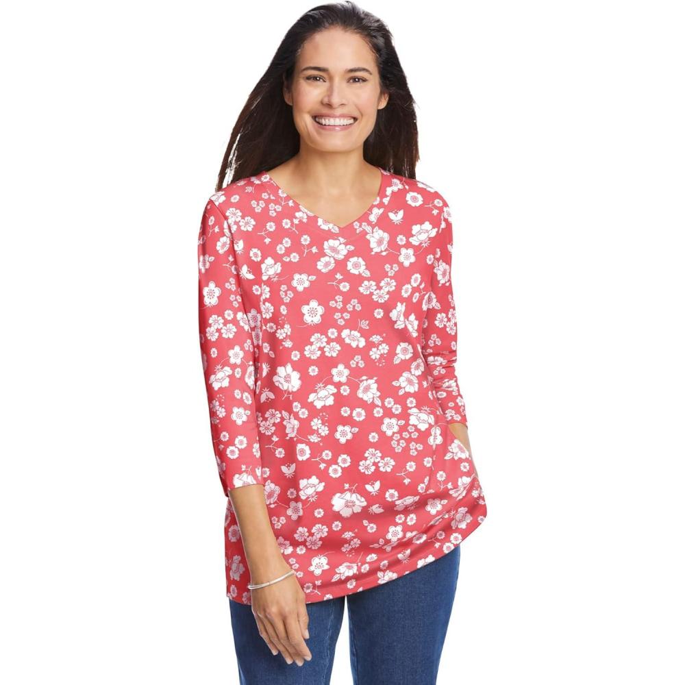 imageWoman Within Plus Size Perfect Printed ThreeQuarter Sleeve VNeck TeeSweet Coral Butterfly Ditsy