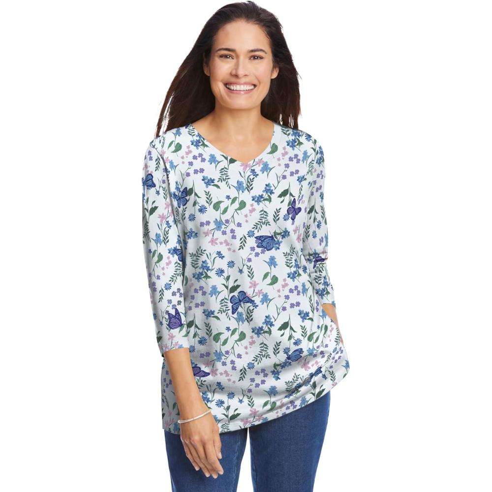 imageWoman Within Plus Size Perfect Printed ThreeQuarter Sleeve VNeck TeeWhite Butterflies