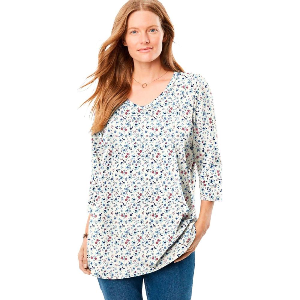 imageWoman Within Plus Size Perfect Printed ThreeQuarter Sleeve VNeck TeeWhite Lovely Ditsy