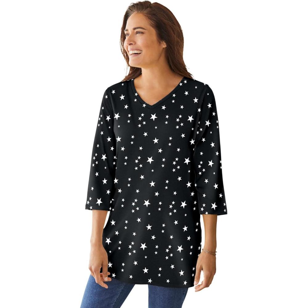 imageWoman Within Plus Size Perfect Printed ThreeQuarterSleeve VNeck TunicBlack White Stars