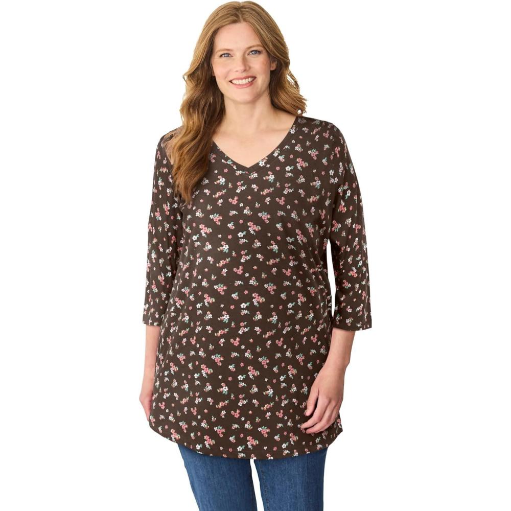 imageWoman Within Plus Size Perfect Printed ThreeQuarterSleeve VNeck TunicChocolate Jasmine