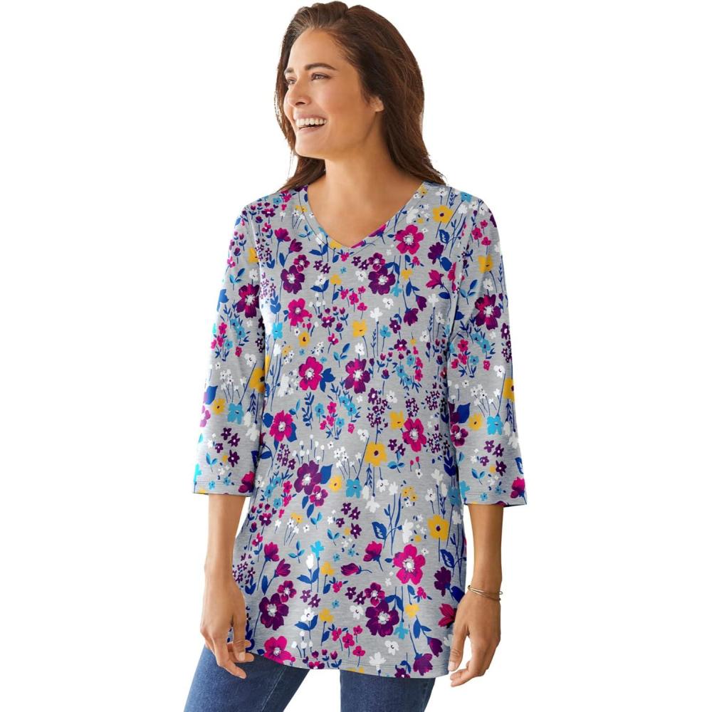 imageWoman Within Plus Size Perfect Printed ThreeQuarterSleeve VNeck TunicHeather Grey Field Floral