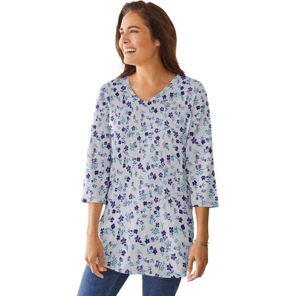 imageWoman Within Plus Size Perfect Printed ThreeQuarterSleeve VNeck TunicHeather Grey Pretty Floral