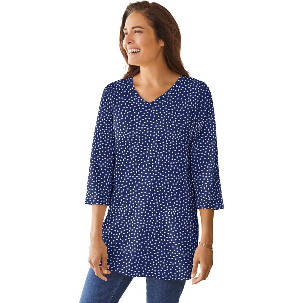 imageWoman Within Plus Size Perfect Printed ThreeQuarterSleeve VNeck TunicNavy Offset Dot