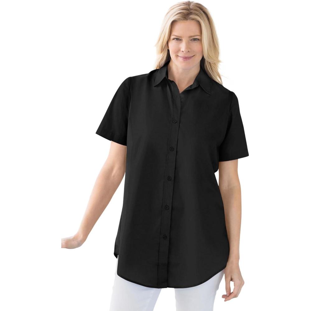 imageWoman Within Plus Size Perfect Short Sleeve ButtonDown Shirt Oversized Tunic BlouseBlack