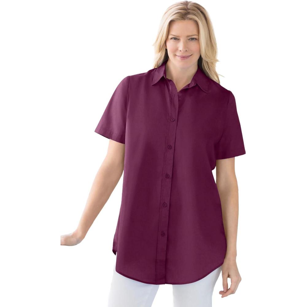 imageWoman Within Plus Size Perfect Short Sleeve ButtonDown Shirt Oversized Tunic BlouseDeep Claret