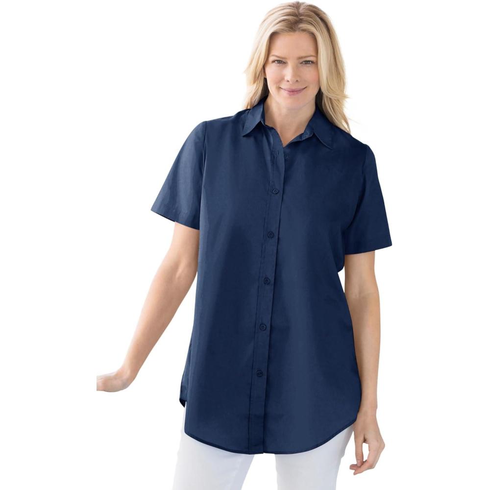 imageWoman Within Plus Size Perfect Short Sleeve ButtonDown Shirt Oversized Tunic BlouseNavy