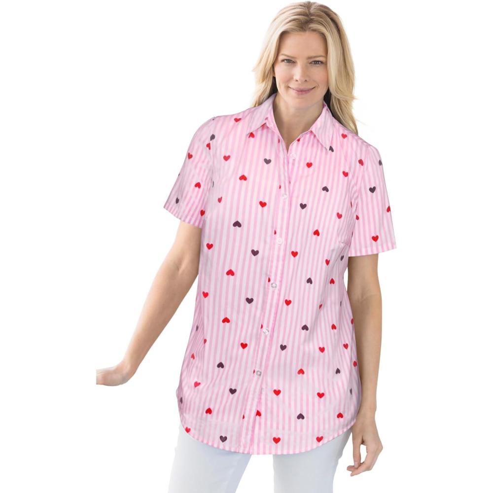 imageWoman Within Plus Size Perfect Short Sleeve ButtonDown Shirt Oversized Tunic BlouseStripe Multi Hearts